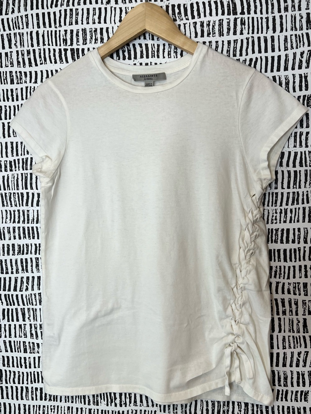 AllSaints White Ruched Side Tie Tee Minimalist Crew Neck Short Sleeve Cotton Top - Picture 2 of 15